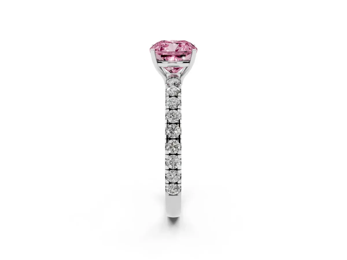 Fancy Pink Cushion Cut Diamond Pavé Solitaire Engagement Ring with Four-Prong Setting Silver