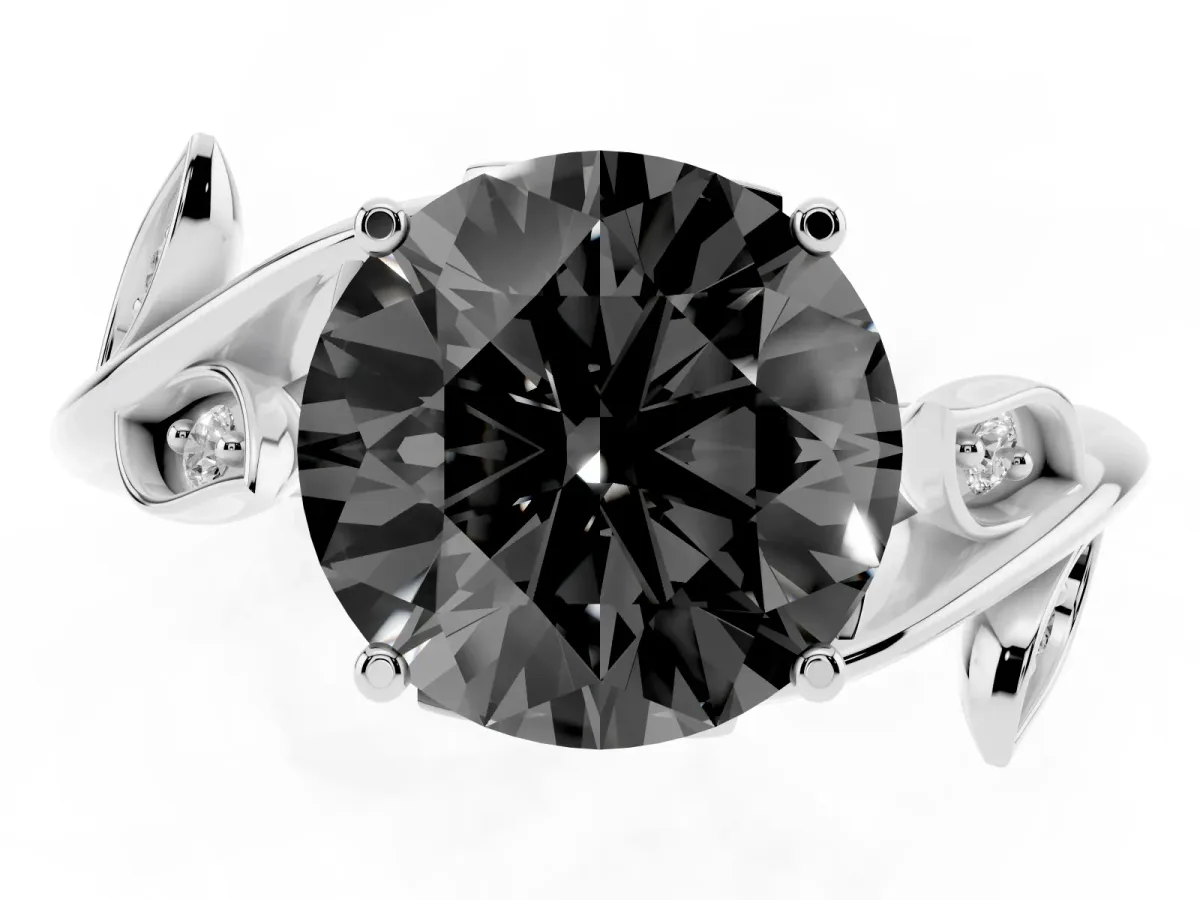 Fancy Black Round Cut Solitaire Twist Engagement Ring with Leaf Accents and Prong Setting Silver