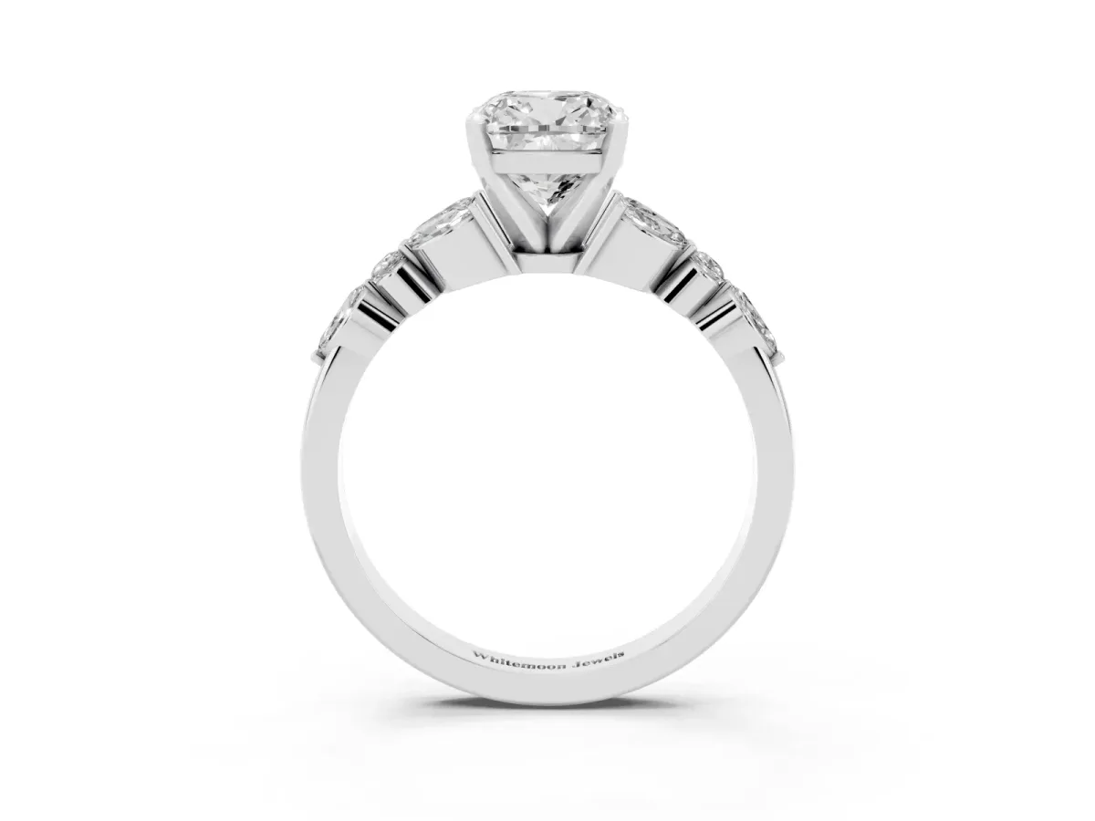 Cushion Cut Diamond Solitaire Ring with Side Stones and Four-Prong Setting Silver