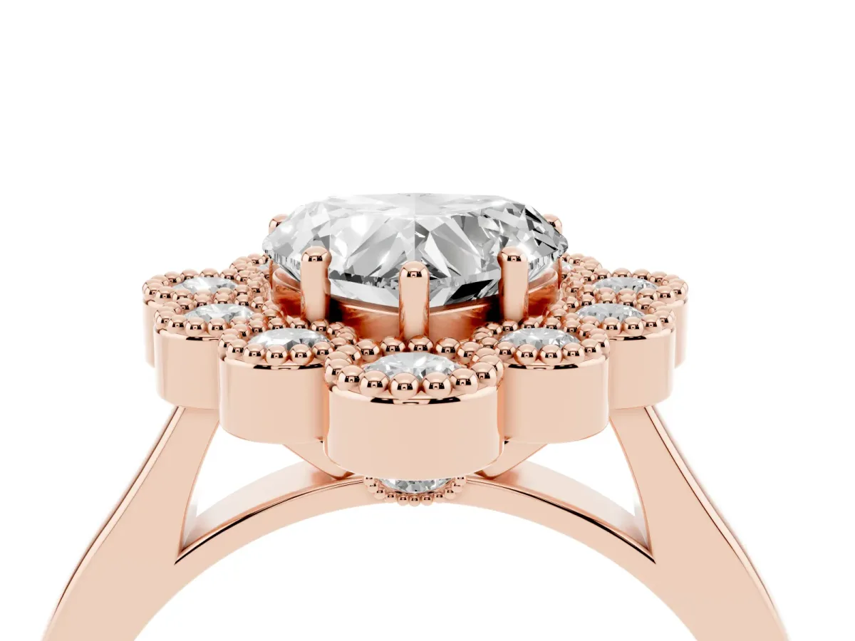 Heart Cut Halo Diamond Cluster Engagement Ring with Milgrain Bezel Setting and Solitaire Band Rose gold