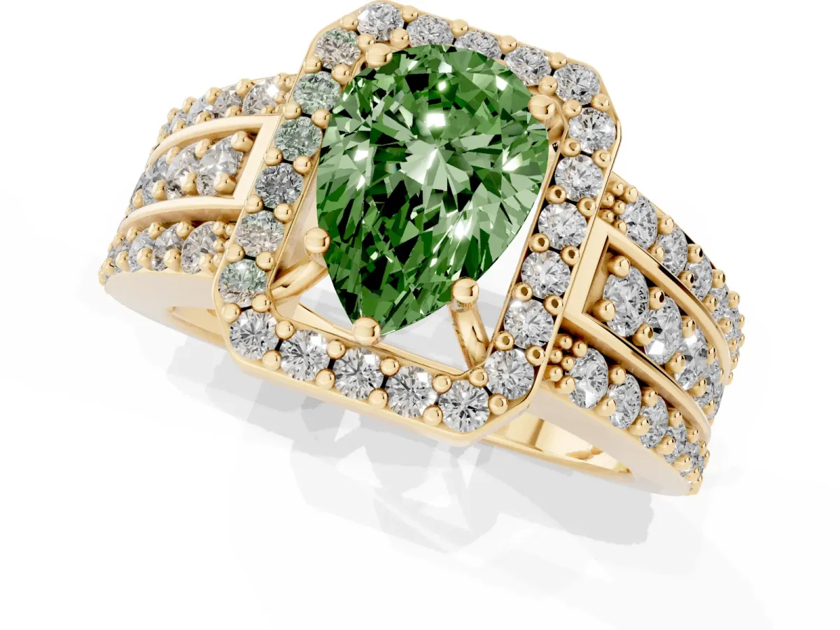 Fancy Green Pear Cut Halo Diamond Ring with Round Split Shank and Prong Setting Yellow gold