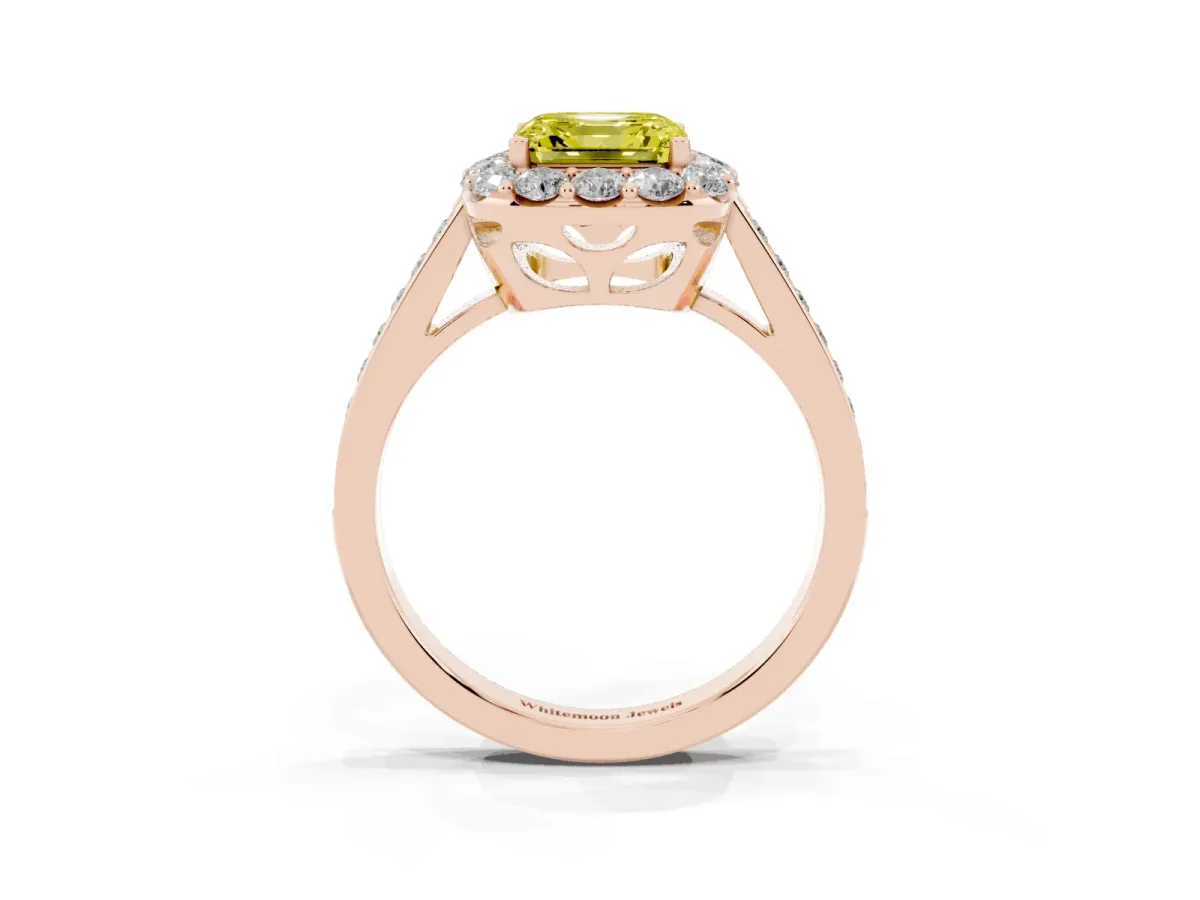 Fancy Yellow Asscher Cut Diamond Floral Halo Ring with Pavé Band and Prong Setting Rose gold