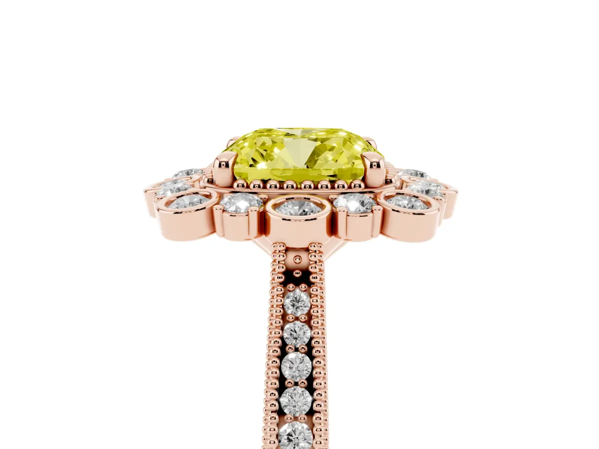 Fancy Yellow Cushion Cut Halo Milgrain Pave Diamond Ring with Four-Prong Setting Rose gold