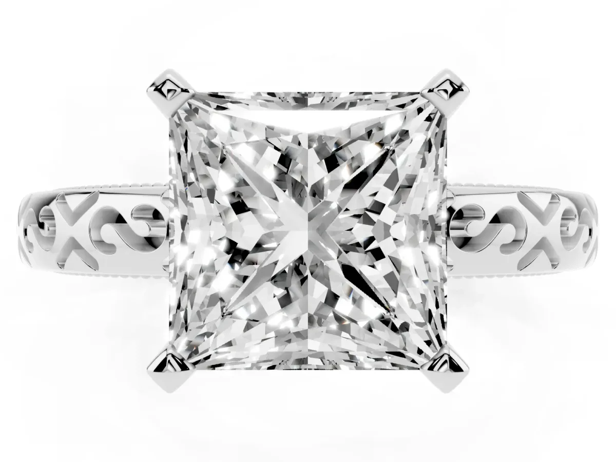 Princess Cut Solitaire Engagement Ring with Scrollwork Band and Four-Prong Setting Silver