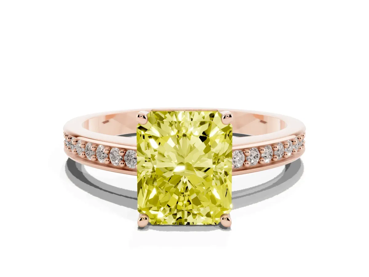 Fancy Yellow Radiant Cut Solitaire Pavé Band Prong Setting Ring Rose gold