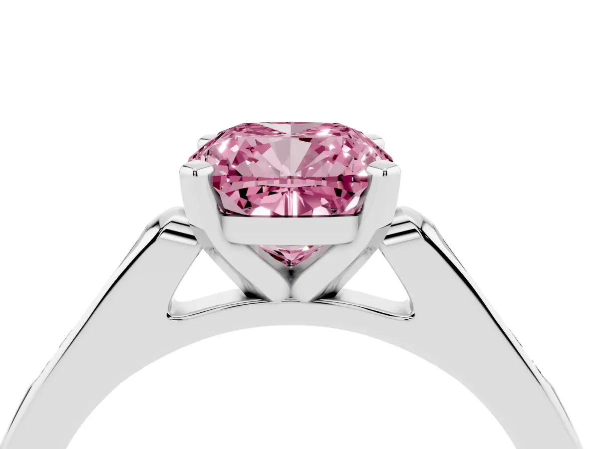 Fancy Pink Cushion Cut Diamond Solitaire Ring with Channel Set Round Band and Prong Setting Silver