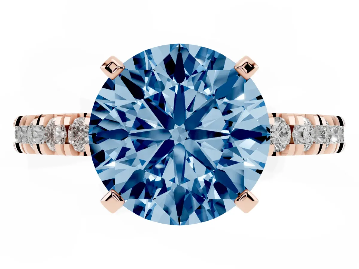 Fancy Blue Round Cut Diamond Pavé Band Solitaire with Four-Prong Setting Rose gold