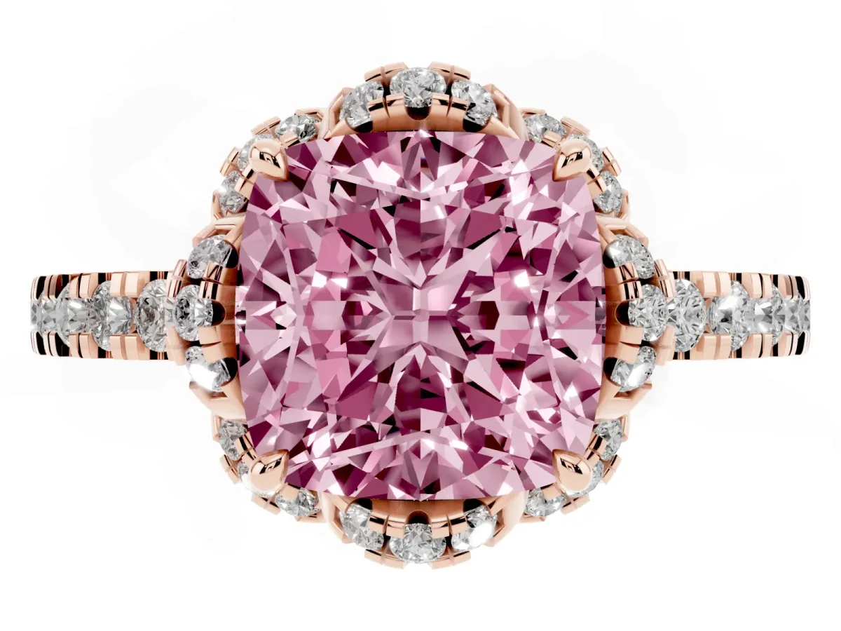 Fancy Pink Cushion Cut Halo Diamond Pave Band Ring with Four-Prong Setting Rose gold