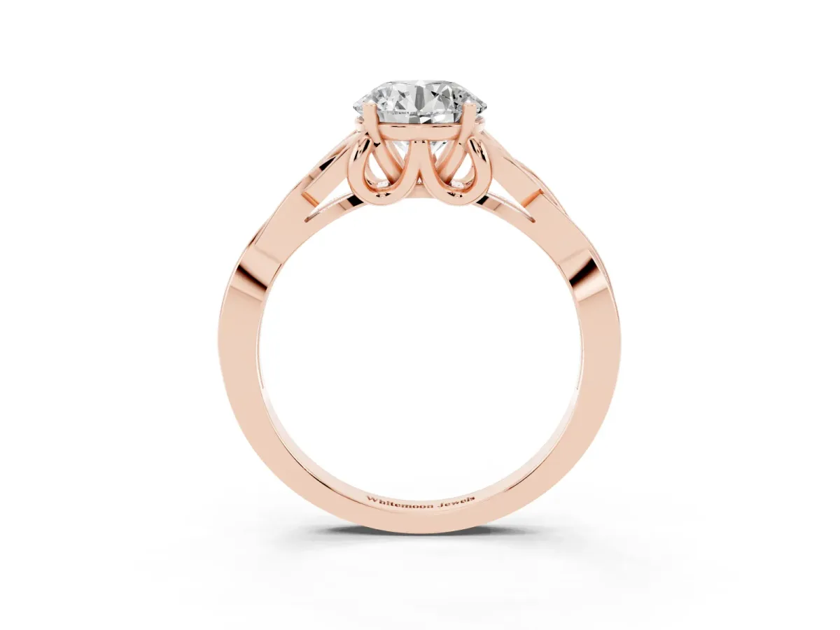 Round Cut Diamond Solitaire Engagement Ring with Celtic Knot Band and Four-Prong Setting Rose gold