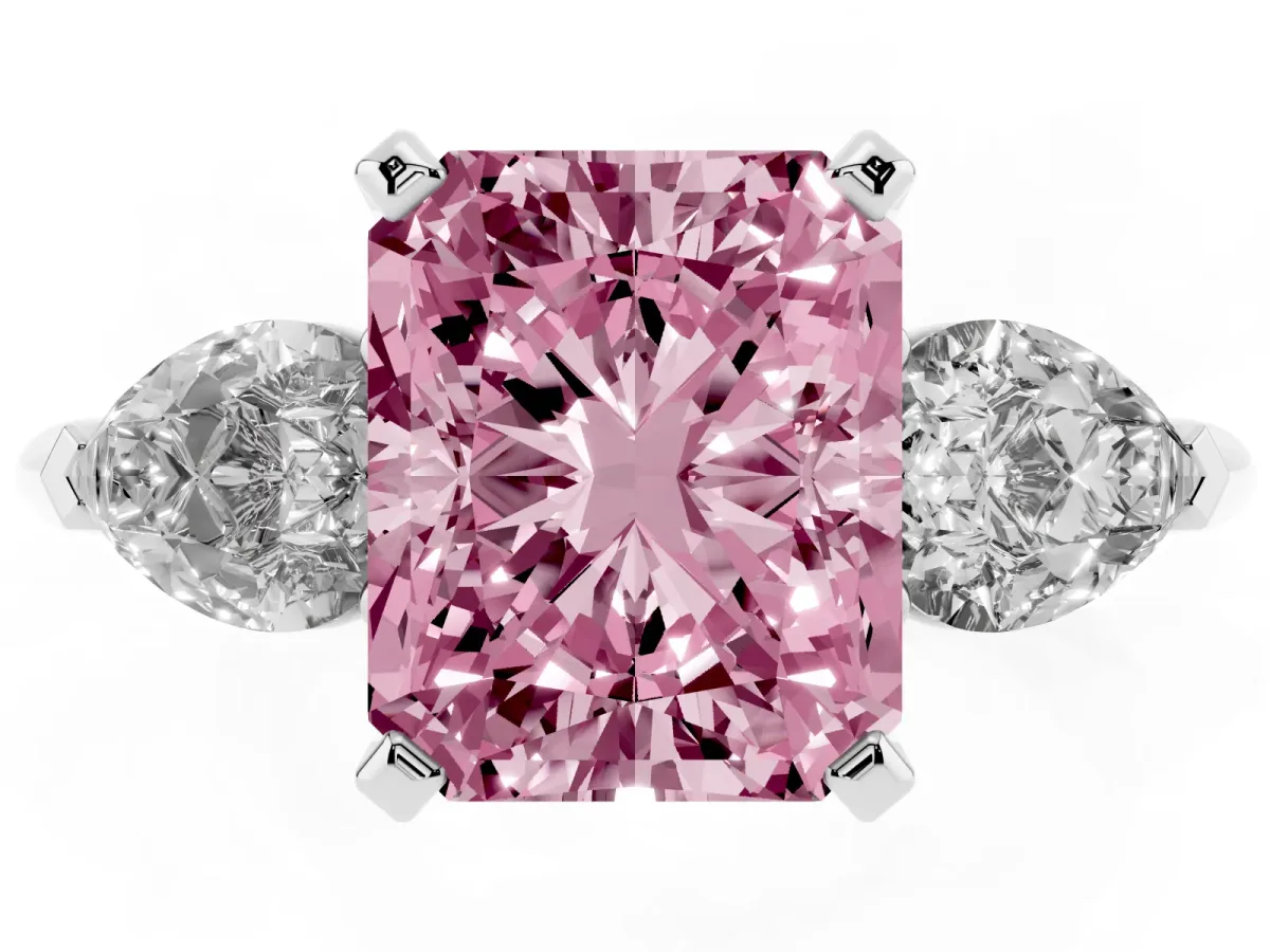 Fancy Pink Three-Stone Radiant Cut Diamond Ring with Pear Side Stones and Four-Prong Setting Silver