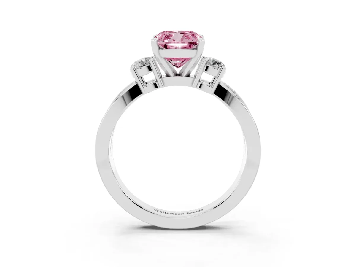 Fancy Pink Three-Stone Cushion Cut Cut Diamond Twist Band with Prong Setting Silver