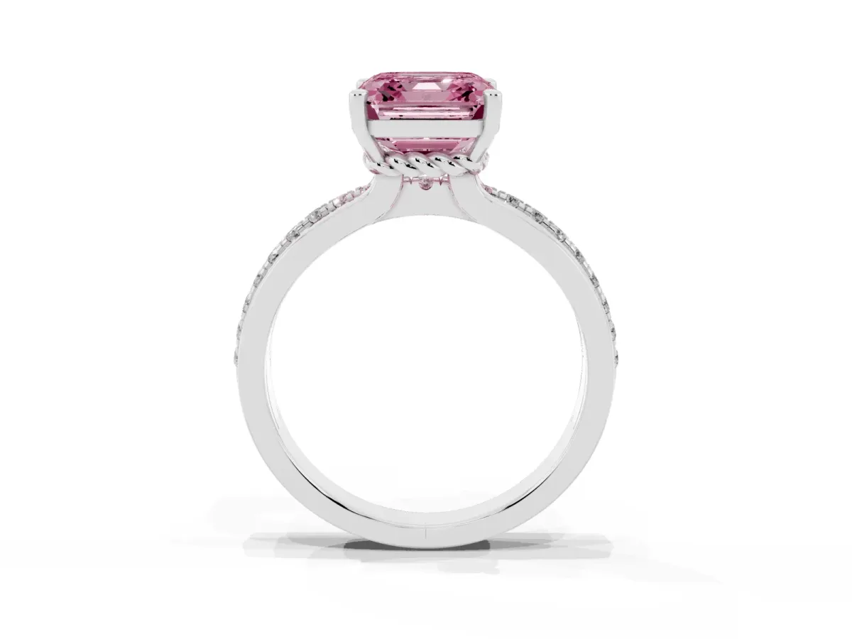Fancy Pink Asscher Cut Solitaire Diamond Ring with Channel Set Band and Six-Prong Setting White gold