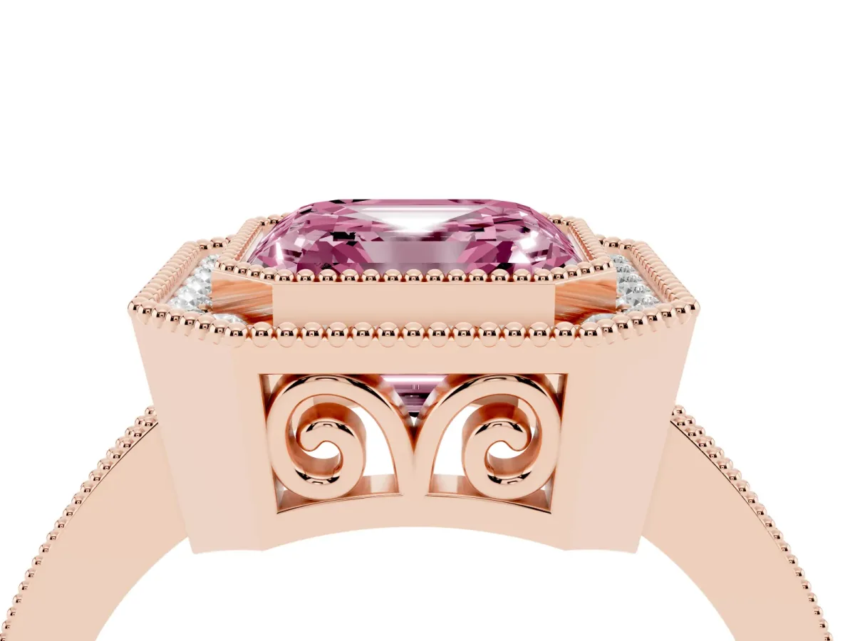 Fancy Pink Asscher Cut Cut Halo Diamond Ring with Pavé Band and Milgrain Prong Setting Rose gold