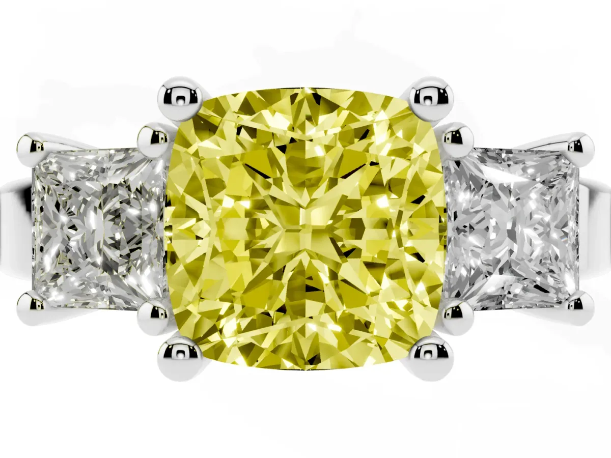 Fancy Yellow Three-Stone Cushion Cut Cut Solitaire Ring with Prong Setting Platinum