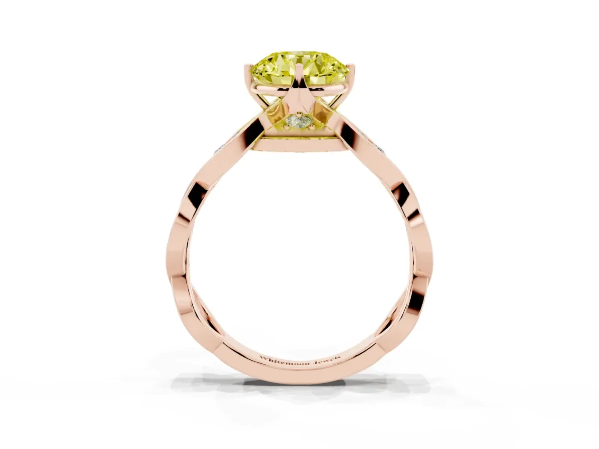 Fancy Yellow Round Cut Solitaire Twist Band with Leaf Prong Setting Rose gold