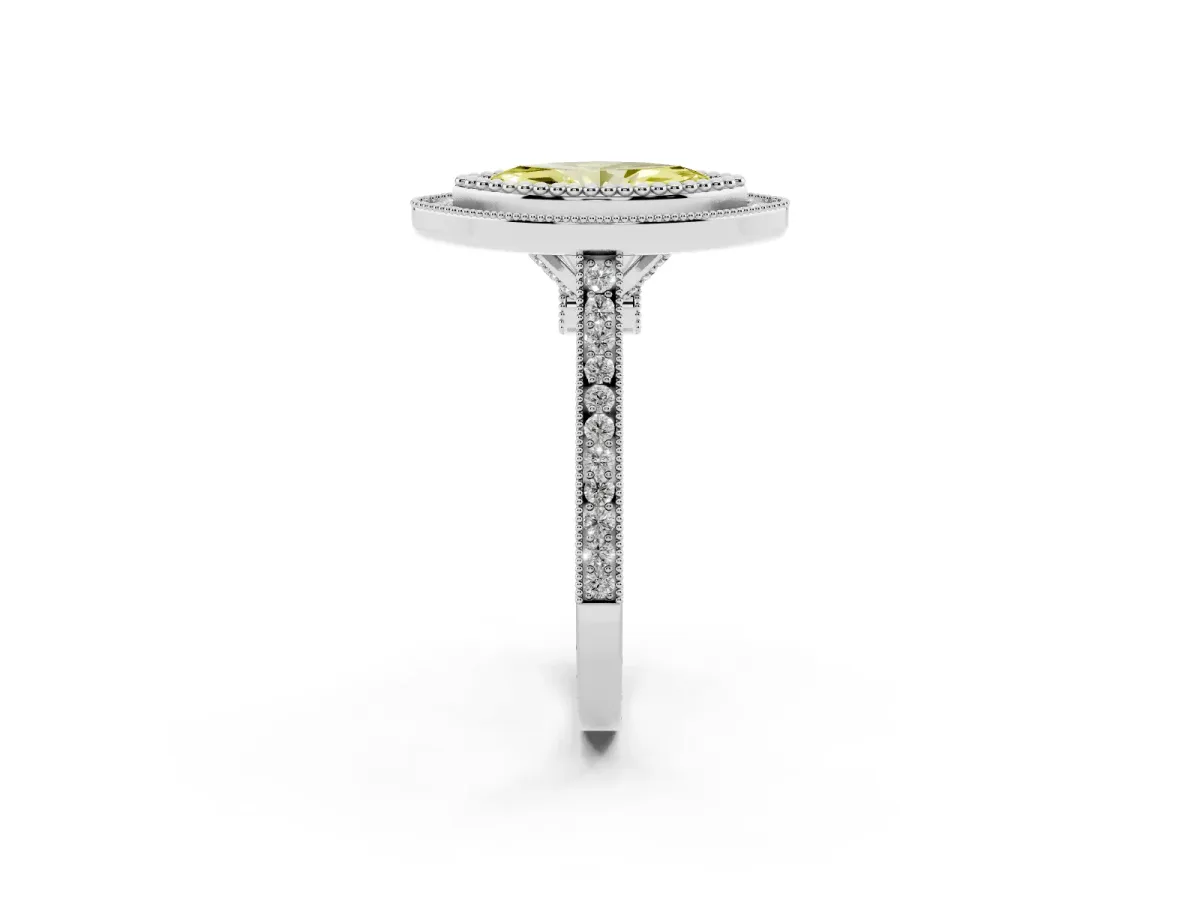Fancy Yellow Marquise Cut Diamond Halo Ring with Milgrain Frame and Pavé Band Silver