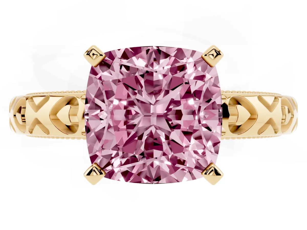 Fancy Pink Cushion Cut Solitaire Diamond Engagement Ring with XO Engraved Band and Four-Prong Setting Yellow gold