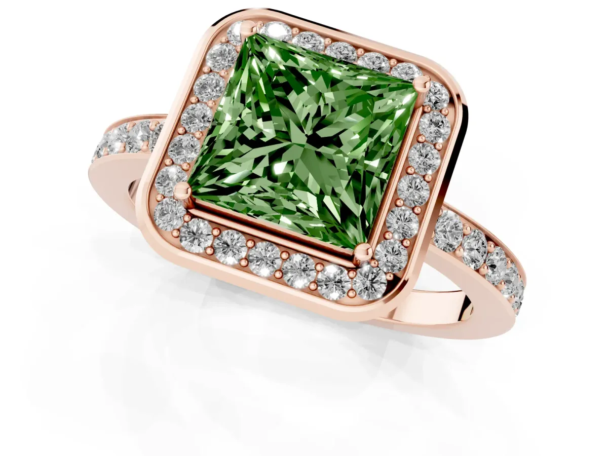 Fancy Green Princess Cut Diamond Halo Ring with Bezel Frame and Pavé Band Rose gold