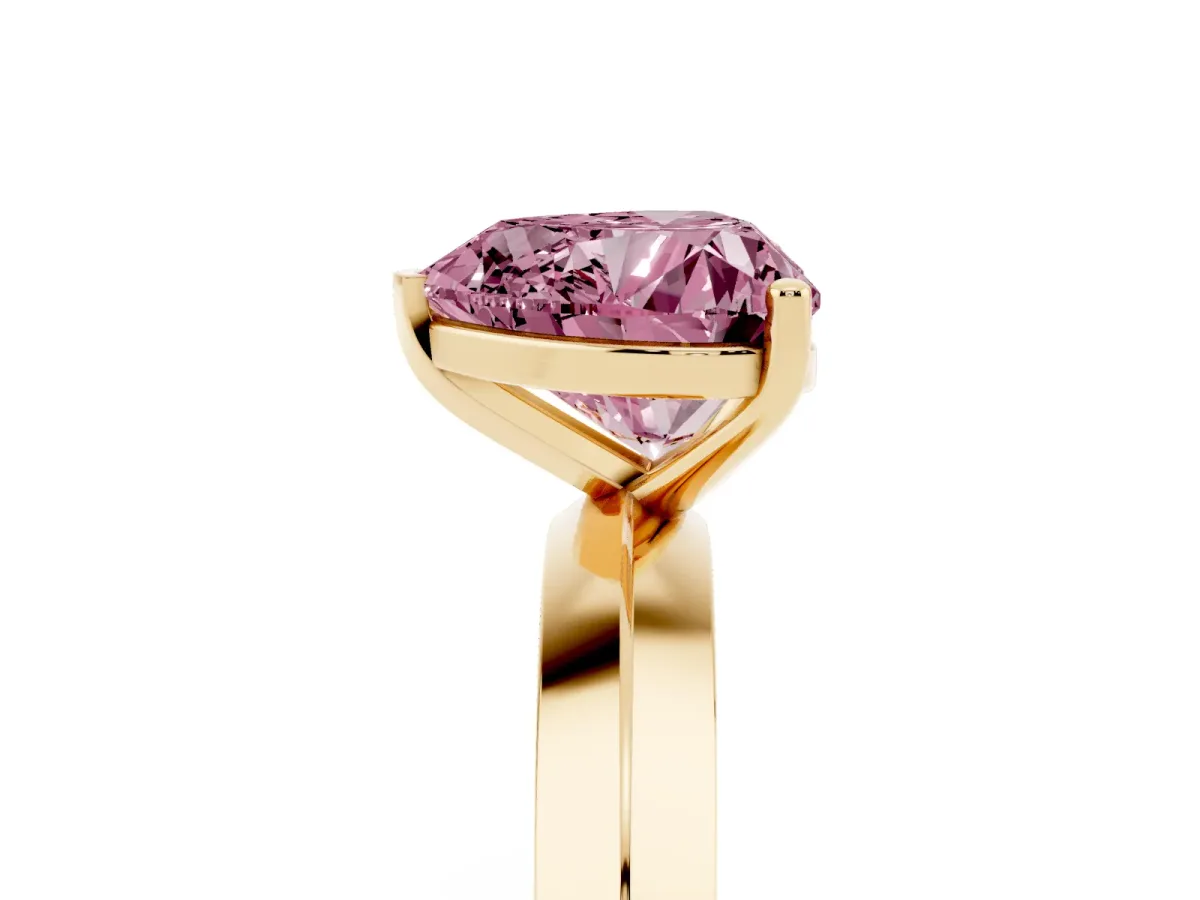 Fancy Pink Heart Cut Cut Solitaire Engagement Ring with Flat Band and Four-Prong Setting Yellow gold
