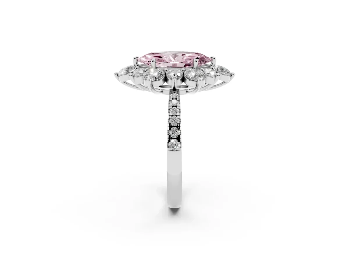 Fancy Pink Marquise Cut Diamond Floral Halo Ring with Round Pavé Band and Prong Setting White gold