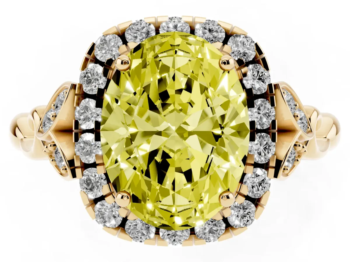 Fancy Yellow Oval Cut Halo Diamond Engagement Ring with Vintage-Inspired Band and Four-Prong Setting Yellow gold