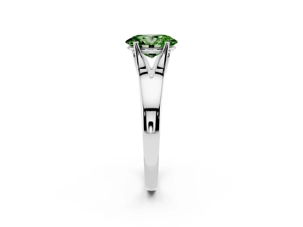 Fancy Green Oval Cut Solitaire Diamond Ring with Cathedral Band and Four-Prong Setting Silver