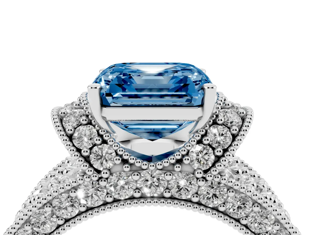 Fancy Blue Asscher Cut Halo Pave Diamond Engagement Ring with Milgrain Detailing Platinum