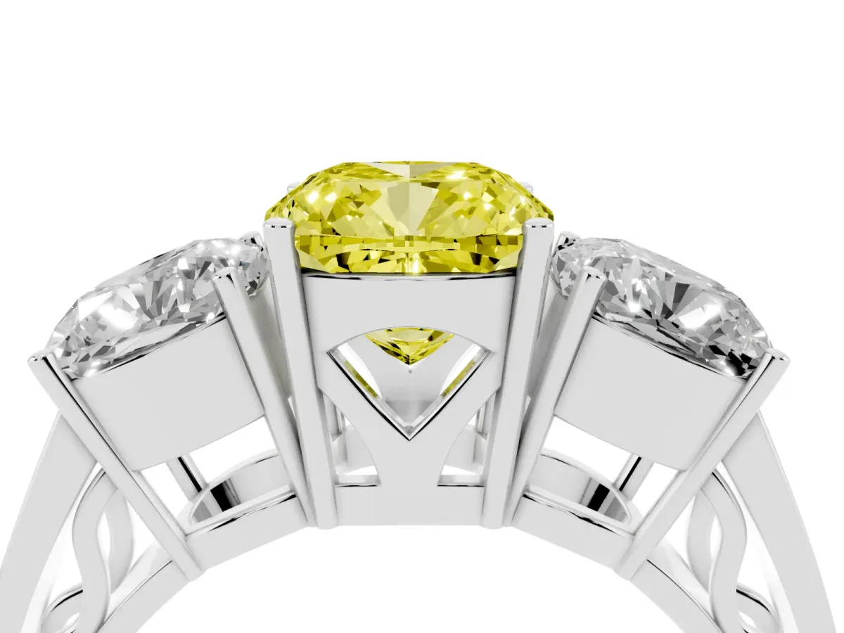 Fancy Yellow Cushion Cut Diamond Three-Stone Ring with Prong Setting and Textured Band Silver
