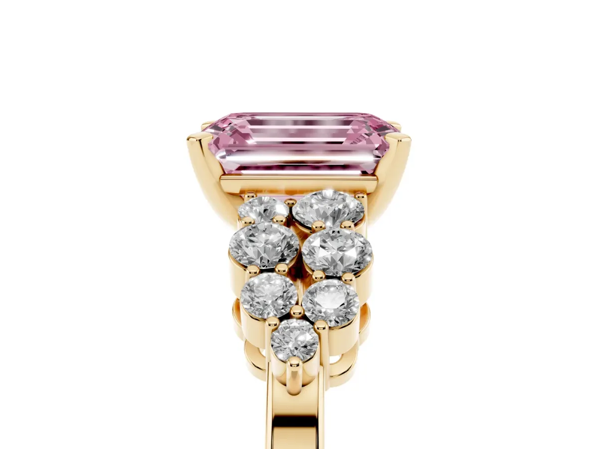 Fancy Pink Emerald Cut Cluster Diamond Engagement Ring with Pavé Band and Four-Prong Setting Yellow gold
