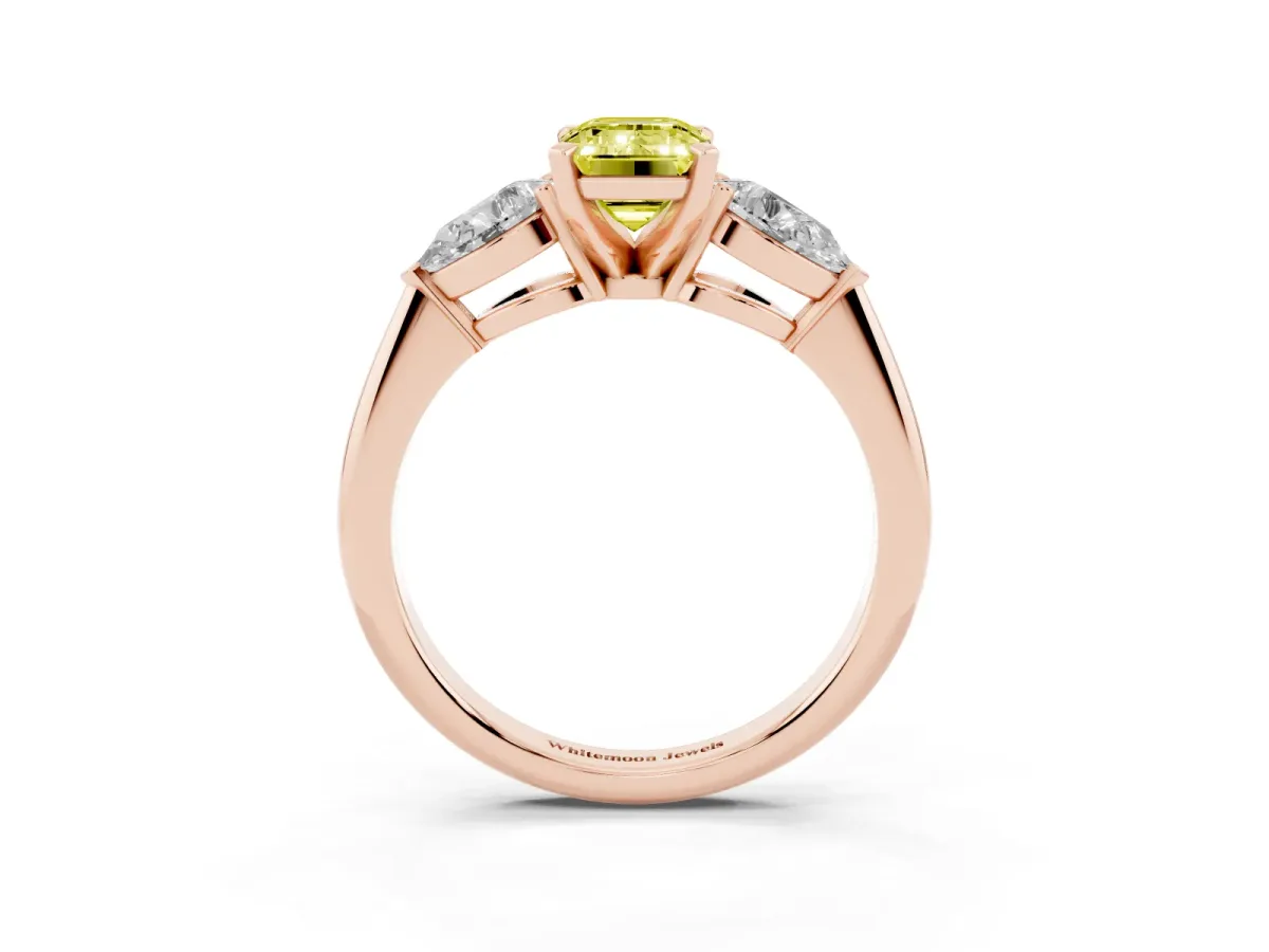 Fancy Yellow Three-Stone Emerald Cut Diamond Ring with Pear Side Stones and Four-Prong Setting Rose gold