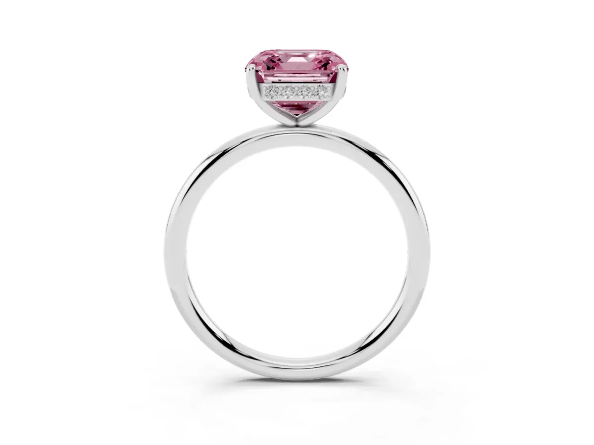 Fancy Pink Asscher Cut Solitaire Diamond Ring with a Classic Band and Four-Prong Setting Silver
