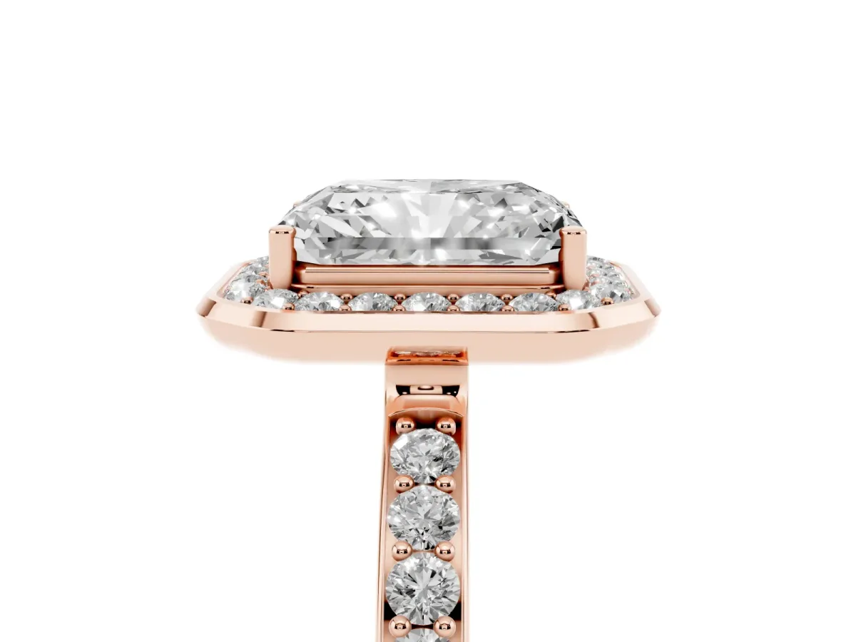 Radiant Cut Diamond Halo Ring with Bezel Frame and Pavé Band Rose gold