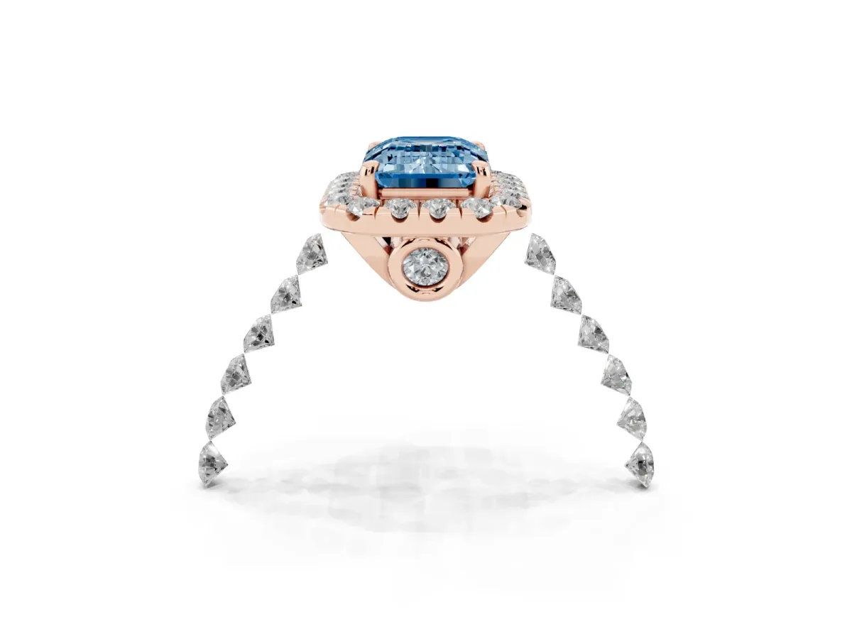 Fancy Blue Emerald Cut Halo Pavé Diamond Engagement Ring with Four-Prong Setting Rose gold