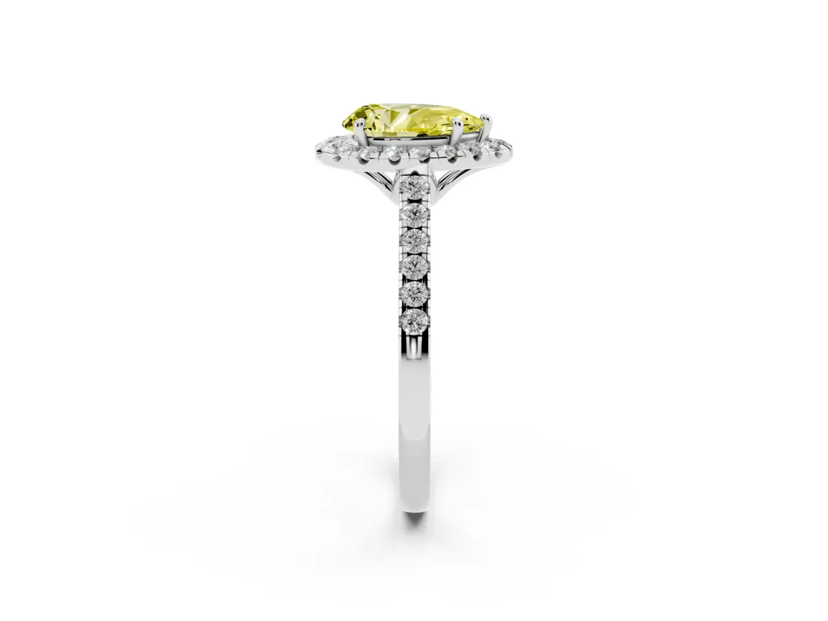 Fancy Yellow Pear Cut Halo Pavé Diamond Engagement Ring with Four-Prong Setting Silver