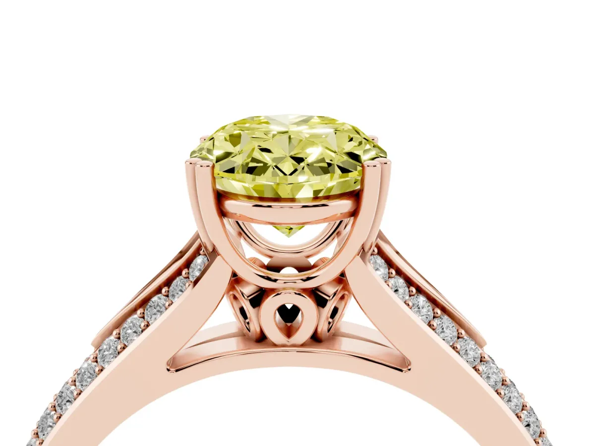 Fancy Yellow Oval Cut Diamond Split Shank Engagement Ring with Pavé Band Rose gold