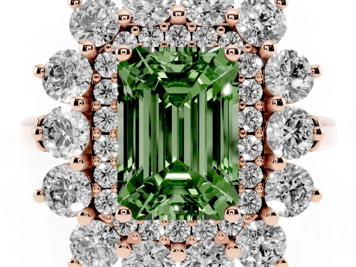 Fancy Green Emerald Cut Diamond Floral Double Halo Engagement Ring with Prong Setting Rose gold