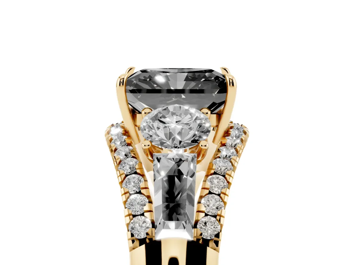 Fancy Black Three-Stone Radiant Cut Diamond Engagement Ring with Pave Band and Prong Setting Yellow gold