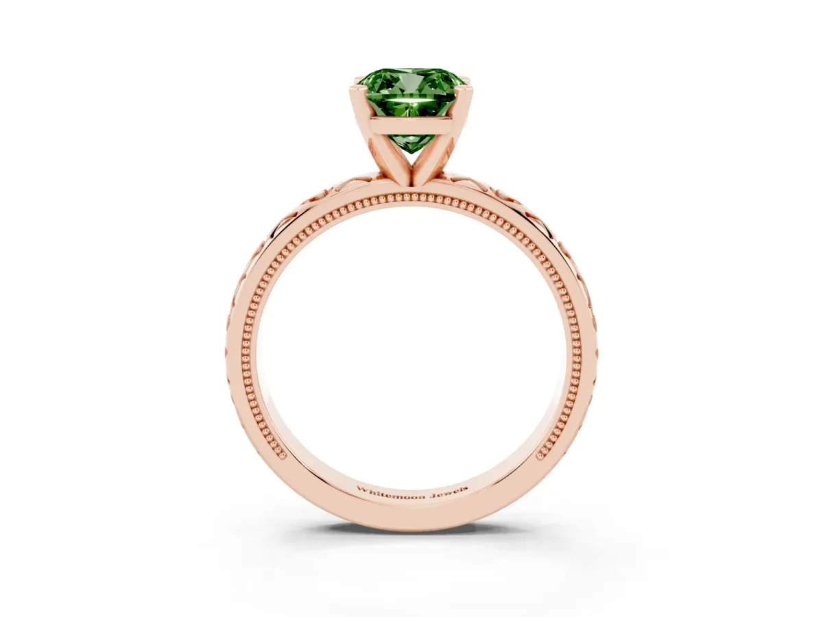 Fancy Green Cushion Cut Solitaire Diamond Engagement Ring with XO Engraved Band and Four-Prong Setting Rose gold