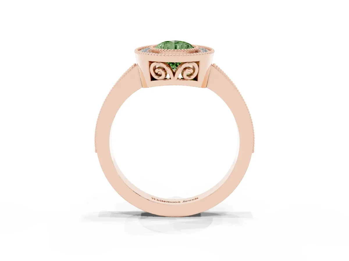 Fancy Green Pear Cut Cut Halo Diamond Ring with Pavé Band and Milgrain Prong Setting Rose gold