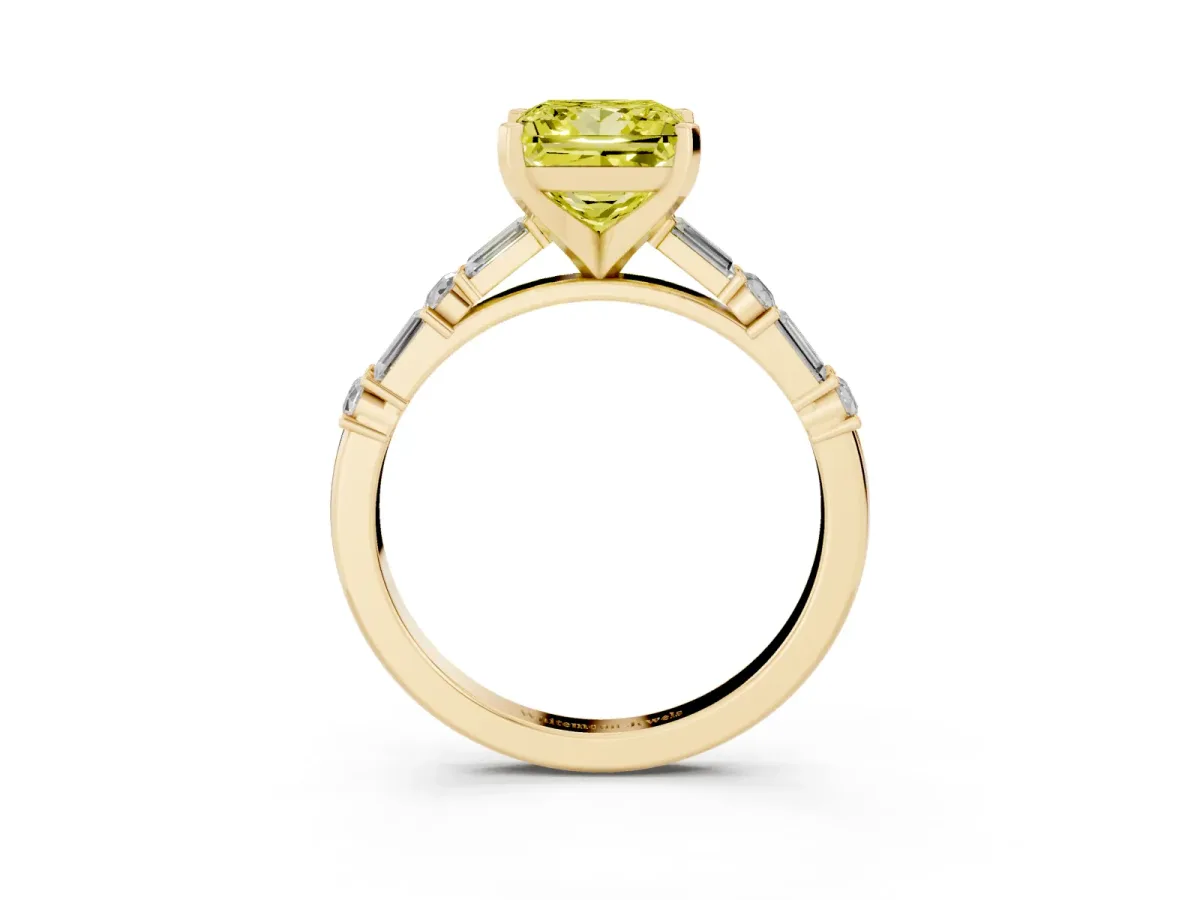 Fancy Yellow Princess Cut Diamond Solitaire with Side Baguettes and Channel Set Band Yellow gold