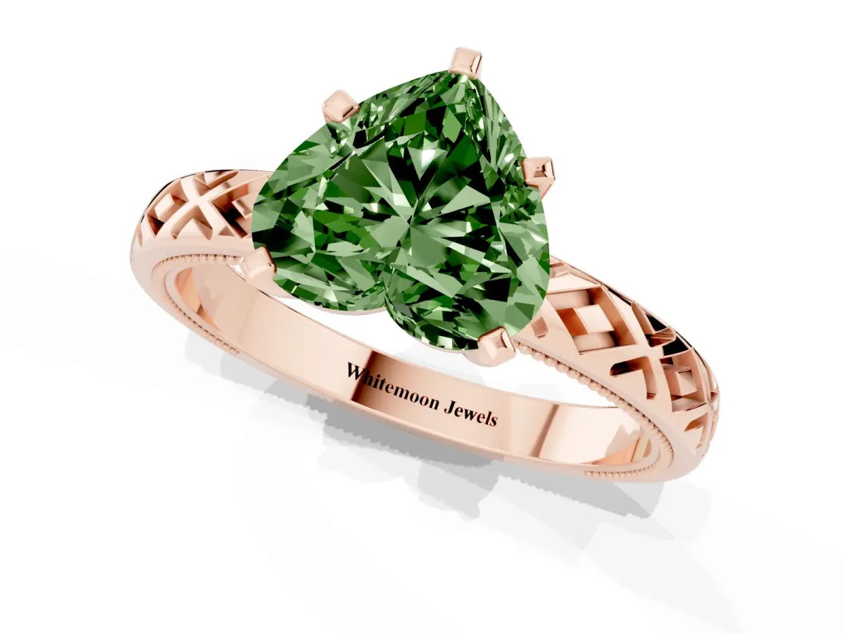 Fancy Green Heart Cut Solitaire Diamond Ring with Milgrain and Black Enamel X Pattern Band Rose gold