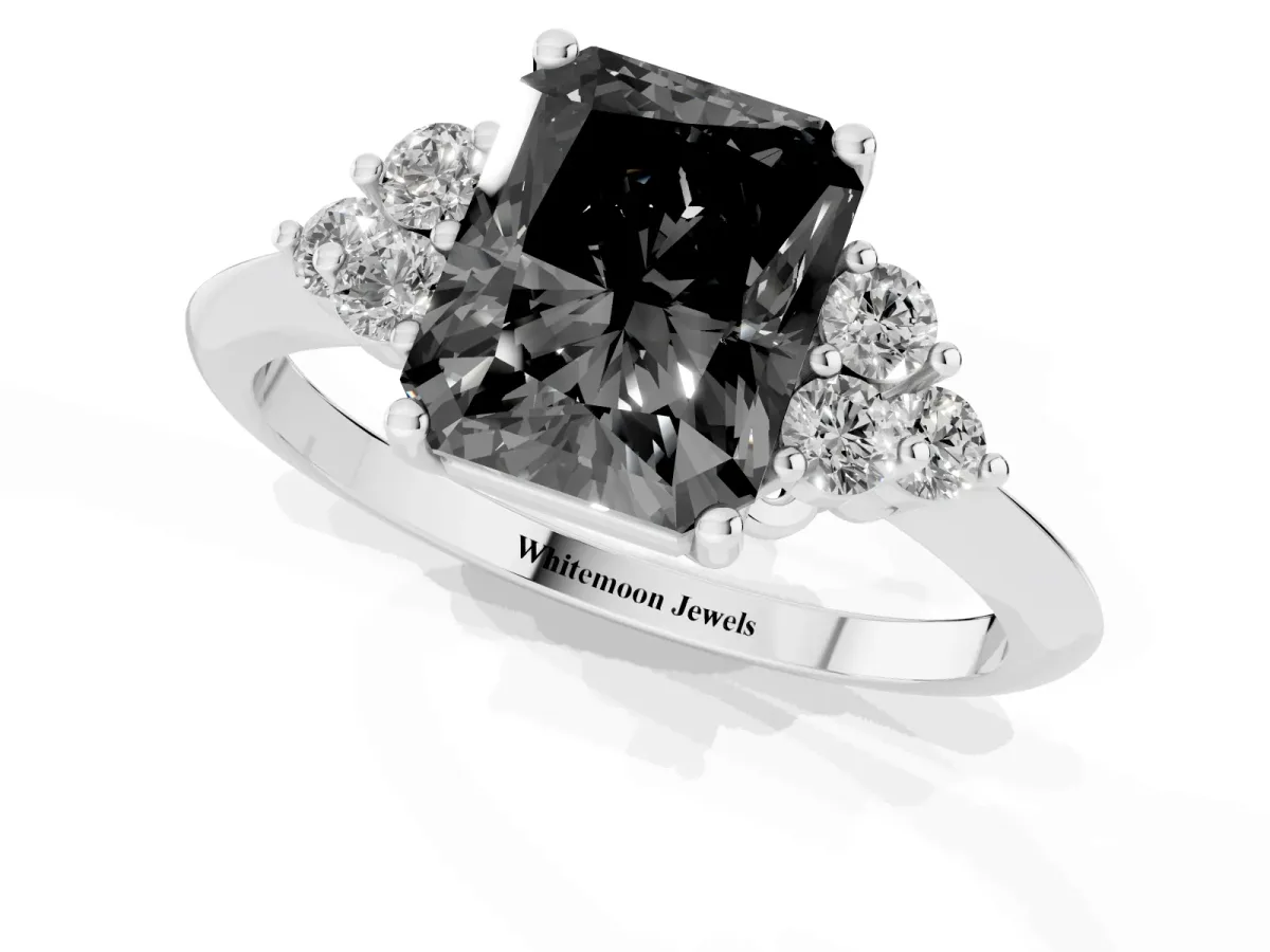 Fancy Black Radiant Cut Cut Diamond Cluster Ring with Solitaire Band and Four-Prong Setting Silver