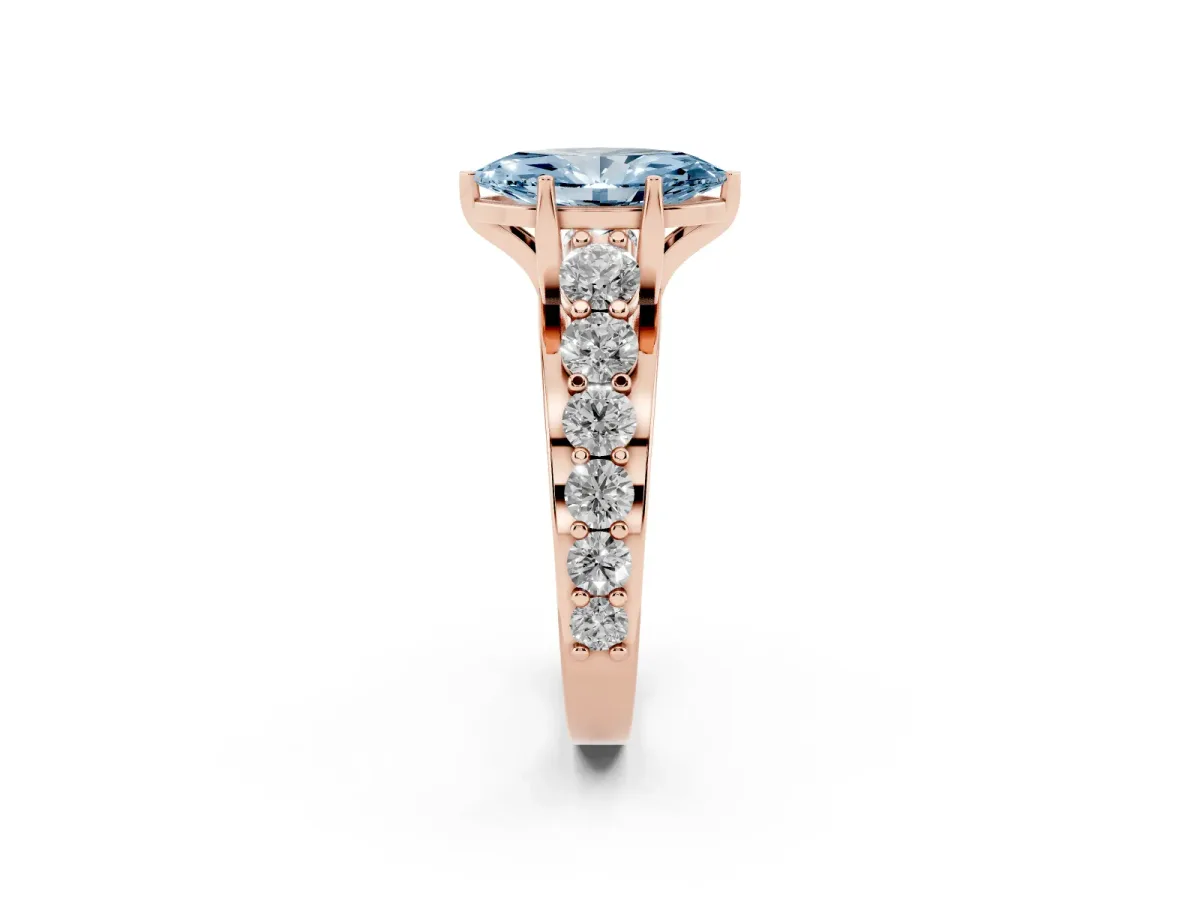 Fancy Blue Marquise Cut Diamond Engagement Ring with Pavé Band and Four-Prong Setting Rose gold