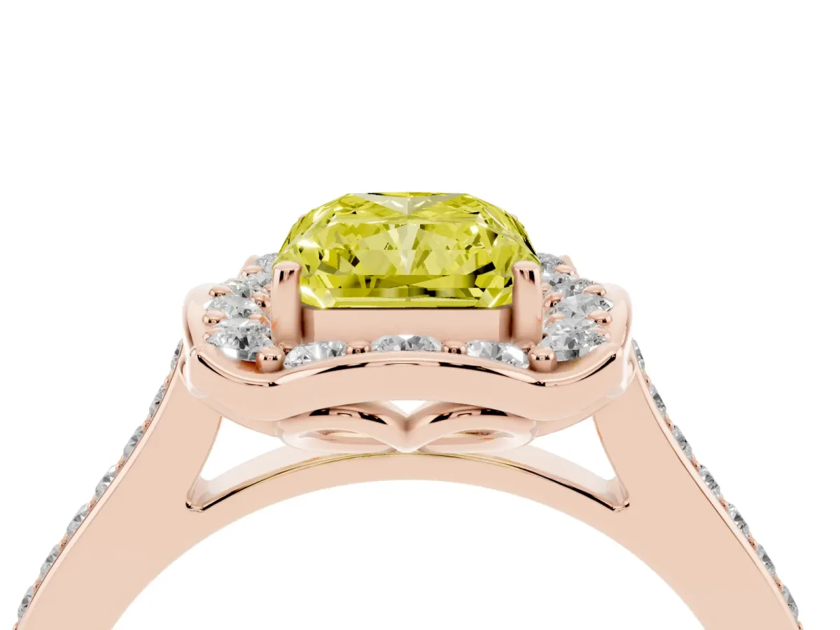 Fancy Yellow Radiant Cut Halo Round Diamond Pave Band with Four-Prong Setting Rose gold
