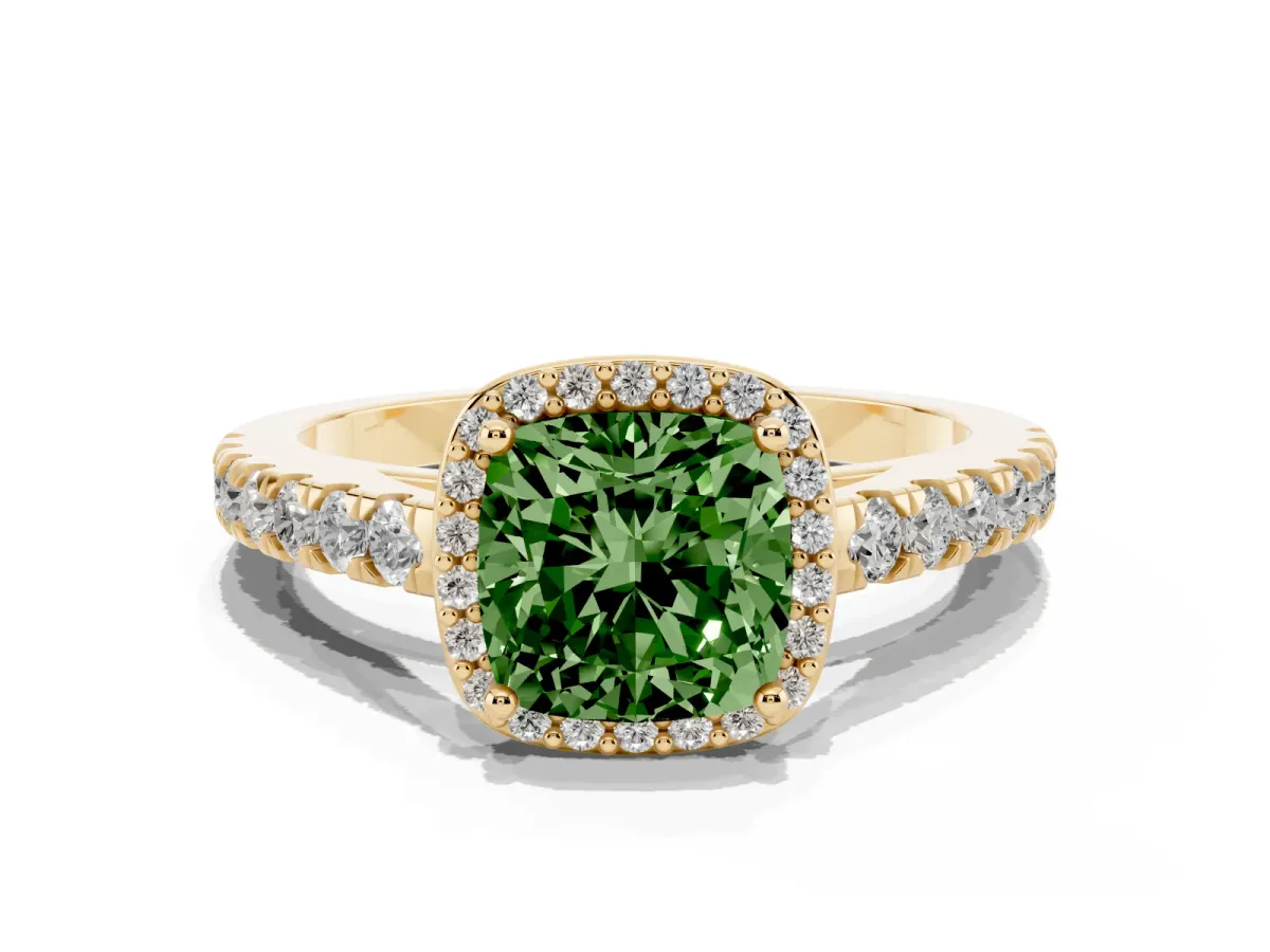 Fancy Green Cushion Cut Cut Halo Diamond Engagement Ring with Pave Band and Four-Prong Setting Yellow gold