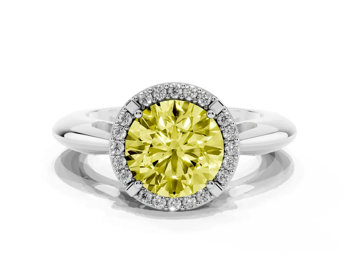 Fancy Yellow Round Cut Cut Diamond Halo Engagement Ring with Split Shank and Four-Prong Setting Silver