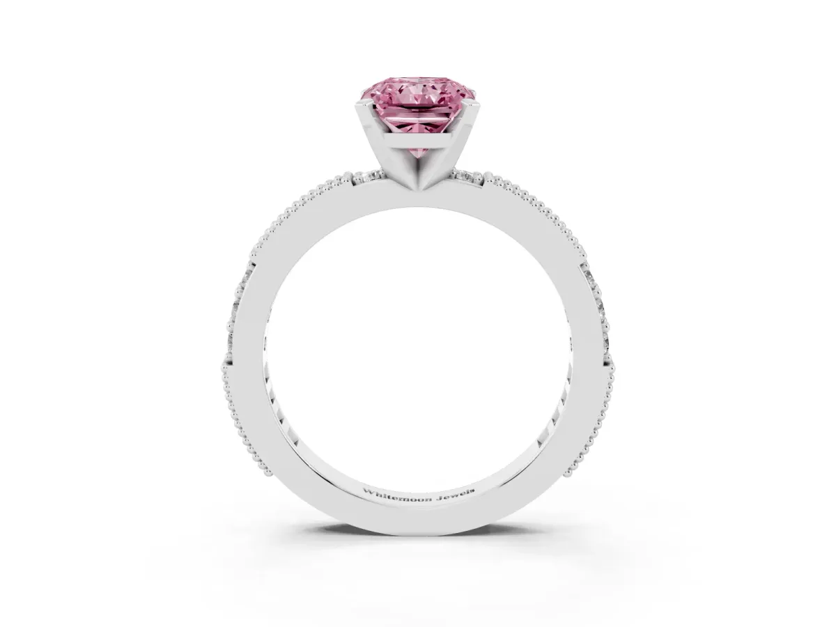 Fancy Pink Radiant Cut Solitaire with Pavé Band and Four-Prong Setting Silver