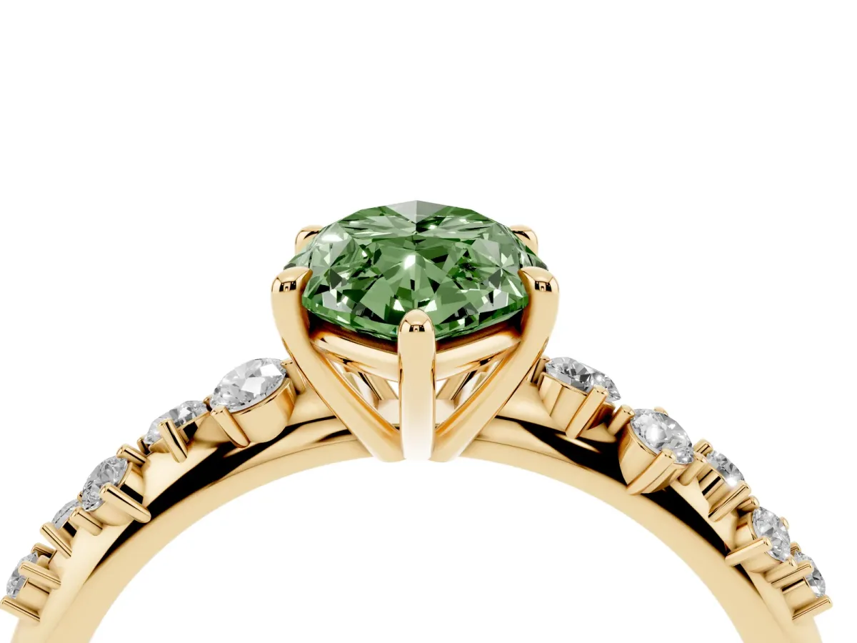 Fancy Green Marquise Cut Diamond Cluster Side Stone Solitaire Ring with Prong Setting Yellow gold