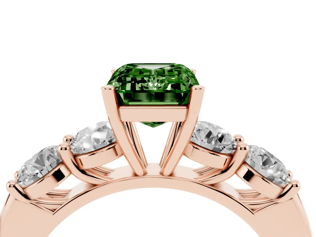 Fancy Green Emerald Cut Cut Five-Stone Prong Set Diamond Ring with Classic Band Rose gold