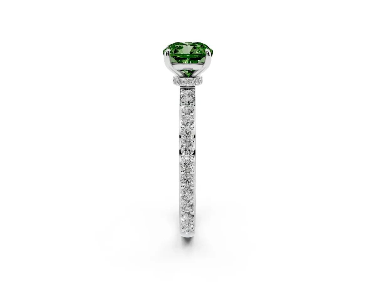 Fancy Green Cushion Cut Diamond Pavé Engagement Ring with Round Accents and Prong Setting Silver